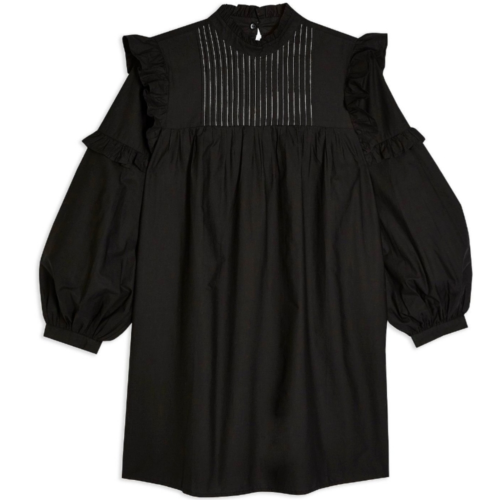 Black pintuck chuck on frill mini dress